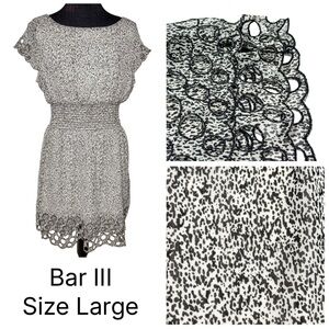bar III Smocked Waist Dress L Cutout Hem Flutter Sleeve Black White Classic